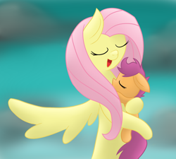 Size: 2000x1800 | Tagged: safe, artist:yourfavoritelove, character:fluttershy, character:scootaloo, species:pegasus, species:pony, cute, cutealoo, eyes closed, fluttermom, holding a pony, hug, scootalove, shyabetes