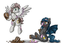 Size: 2300x1600 | Tagged: safe, artist:blues4th, oc, oc only, oc:nuke, oc:speck, species:bat pony, species:pegasus, species:pony, cake, cake fight, female, flying, food, husband and wife, male, married couple, married couples doing married things, messy, oc x oc, pied, shipping, sitting, speke