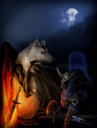 Size: 2724x3573 | Tagged: safe, artist:duh-veed, character:princess luna, species:pony, armor, artorias, bonfire, crossover, dark souls, female, great grey wolf sif, moon, solo, sword, weapon