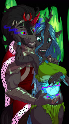 Size: 1000x1780 | Tagged: safe, artist:tyelle, character:king sombra, character:queen chrysalis, species:anthro, species:changeling, species:pony, species:unicorn, ship:chrysombra, armpits, changeling queen, crystal heart, female, male, p<3nies, shipping, stallion, straight