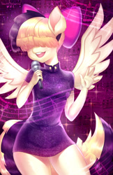 Size: 750x1158 | Tagged: safe, artist:tawni-tailwind, character:songbird serenade, species:anthro, species:pegasus, species:pony, my little pony: the movie (2017), bow, clothing, cute, female, hair bow, hair over eyes, mare, microphone, music notes, singing, solo, songbetes