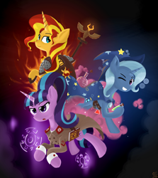 Size: 1536x1724 | Tagged: safe, artist:qzygugu, character:starlight glimmer, character:sunset shimmer, character:trixie, species:pony, species:unicorn, book, cape, clothing, counterparts, cuffs (clothes), female, fiery shimmer, hat, mare, smiling, staff, starlight himmler, trio, trixie's cape, trixie's hat, twilight's counterparts, uniform