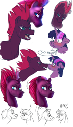 Size: 4000x7000 | Tagged: safe, artist:maxiima, character:fizzlepop berrytwist, character:tempest shadow, character:twilight sparkle, character:twilight sparkle (alicorn), species:alicorn, species:pony, species:unicorn, ship:tempestlight, my little pony: the movie (2017), angry, behaving like a bird, blushing, boop, broken horn, cute, cute little fangs, eye contact, eye scar, fangs, female, floppy ears, frown, glare, grin, lesbian, lidded eyes, looking at each other, mare, nose wrinkle, noseboop, nuzzling, open mouth, question mark, scar, shipping, simple background, sketch, smiling, smirk, wavy mouth, white background, wide eyes