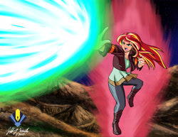 Size: 3850x2975 | Tagged: safe, artist:penspark, character:sunset shimmer, species:human, aura, clothing, commission, crossover, dragon ball, dragon ball z, female, humanized, kaio-ken, kamehameha, one-handed kamehameha, solo