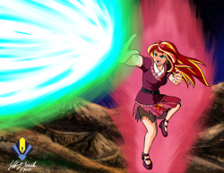 Size: 3850x2975 | Tagged: safe, artist:penspark, character:sunset shimmer, species:human, clothing, commission, crossover, dragon ball, dragon ball z, female, humanized, kaio-ken, kamehameha, one-handed kamehameha, solo