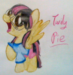Size: 998x1028 | Tagged: safe, artist:beetrue, oc, oc only, oc:twily pie, parent:pinkie pie, parent:twilight sparkle, parents:twinkie, species:pegasus, species:pony, clothing, female, filly, magical lesbian spawn, offspring, raised hoof, shirt, solo, traditional art