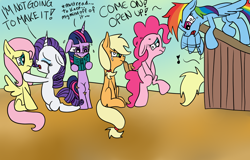 Size: 1024x655 | Tagged: safe, artist:yourfavoritelove, character:applejack, character:derpy hooves, character:fluttershy, character:pinkie pie, character:rainbow dash, character:rarity, character:twilight sparkle, book, covering crotch, crying, desperation, mane six, marshmelodrama, missing cutie mark, need to pee, omorashi, outhouse, potty dance, potty emergency, potty time, sweat, trotting in place