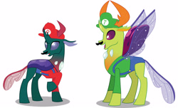 Size: 3588x2187 | Tagged: safe, artist:kirbymlp, character:pharynx, character:prince pharynx, character:thorax, species:changeling, species:reformed changeling, brotherhood, brotherly love, brothers, changedling brothers, clothing, costume, crossover, facial hair, luigi, male, mario, moustache, nightmare night, nightmare night costume, overalls, simple background, vector, white background