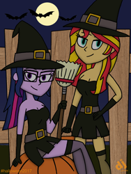 Size: 1200x1600 | Tagged: safe, artist:djgames, character:sunset shimmer, character:twilight sparkle, character:twilight sparkle (scitwi), species:bat, species:eqg human, my little pony:equestria girls, broom, clothing, costume, crossed legs, fence, full moon, halloween, hat, holiday, moon, night, pumpkin, sitting, witch, witch hat