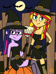 Size: 1200x1600 | Tagged: safe, artist:djgames, character:sunset shimmer, character:twilight sparkle, character:twilight sparkle (scitwi), species:bat, species:eqg human, my little pony:equestria girls, broom, clothing, costume, crossed legs, fence, full moon, halloween, hat, holiday, moon, night, pumpkin, sitting, witch, witch hat