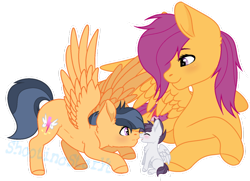 Size: 800x579 | Tagged: safe, artist:shootingstaryt, base used, character:scootaloo, parent:rumble, parent:scootaloo, parents:rumbloo, female, male, mother and son, offspring
