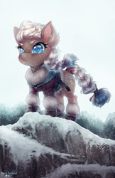 Size: 750x1158 | Tagged: safe, artist:tawni-tailwind, oc, oc only, oc:valiant frost, species:earth pony, species:pony, boots, braid, braided tail, clothing, colored pupils, commission, ear piercing, female, mare, piercing, scar, shoes, snow, solo