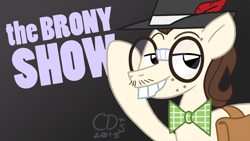 Size: 1920x1080 | Tagged: safe, artist:coaldustthestrange, character:gizmo, species:earth pony, species:pony, acne, bow tie, bucktooth, clothing, facial hair, glasses, gray background, hat, male, saddle bag, simple background, solo, stallion, the brony show, trilby