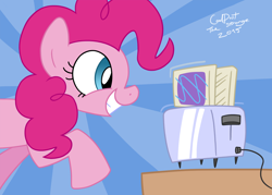 Size: 1400x1000 | Tagged: safe, artist:coaldustthestrange, character:pinkie pie, species:earth pony, species:pony, abstract background, female, food, mare, poptart, signature, solo, toaster