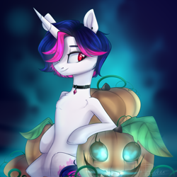 Size: 3000x3000 | Tagged: safe, artist:mp-printer, oc, oc only, species:pony, species:unicorn, collar, ear piercing, female, hair over one eye, halloween, holiday, jack-o-lantern, leaning back, mare, piercing, pumpkin, red eyes, smiling, solo