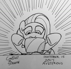 Size: 1280x1244 | Tagged: safe, artist:coaldustthestrange, character:fluttershy, species:pegasus, species:pony, inktober, female, monochrome, solo, toaster, traditional art