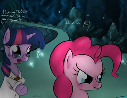 Size: 1300x1000 | Tagged: safe, artist:rodolfomushi, character:pinkie pie, character:twilight sparkle, species:earth pony, species:pony, species:unicorn, episode:too many pinkie pies, g4, my little pony: friendship is magic, cave, cave pool, clothing, duo, fangs, glasses, lab coat, mirror pool