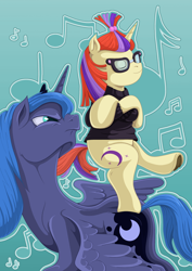 Size: 1240x1754 | Tagged: safe, artist:frenkieart, character:moondancer, character:princess luna, species:pony, balancing, clothing, crossed arms, dancing, eyes closed, literal, music notes, name pun, plot, pun, sweater, this will end in tears and/or death, underhoof, visual gag