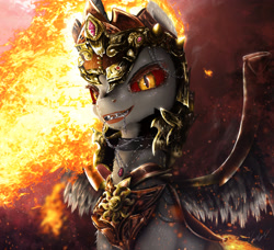 Size: 3735x3400 | Tagged: safe, artist:princeoracle, character:daybreaker, character:princess celestia, species:alicorn, species:pony, 3d, abstract background, armor, chains, chest fluff, choker, colored sclera, detailed, female, fire, fluffy, grin, helmet, jewelry, leg fluff, looking at you, mane of fire, mare, mouth hold, neck fluff, necklace, pendant, sharp teeth, shoulder fluff, slit eyes, smiling, smirk, smoke, solo, spread wings, teeth, wing armor, wing fluff, wings