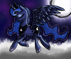Size: 1200x1000 | Tagged: safe, artist:yourfavoritelove, character:princess luna, species:pony, cloud, cutie mark, eyes closed, female, flying, jewelry, mare, moon, night, regalia, solo