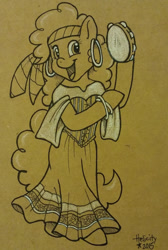 Size: 861x1280 | Tagged: safe, artist:helicityponi, character:pinkie pie, friendship is witchcraft, bard pie, female, gypsy bard, gypsy pie, musical instrument, rotated, signature, solo, tambourine, traditional art