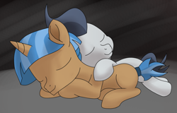 Size: 1363x873 | Tagged: safe, artist:foal, character:mocha berry, character:rumble, species:pegasus, species:pony, species:unicorn, colt, cuddling, eyes closed, male, prone, sleeping, smiling