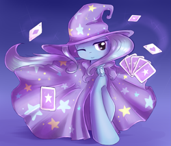 Size: 1055x900 | Tagged: safe, artist:nika191319, character:trixie, species:pony, species:unicorn, cape, card, card trick, clothing, cute, diamond, diatrixes, female, gradient background, hat, heart, levitation, magic, mare, one eye closed, playing card, raised hoof, smiling, solo, starry eyes, stars, telekinesis, trixie's cape, trixie's hat, wingding eyes, wink