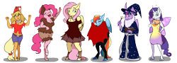 Size: 3586x1283 | Tagged: safe, artist:rimmi1357, character:applejack, character:fluttershy, character:pinkie pie, character:rainbow dash, character:rarity, character:twilight sparkle, character:twilight sparkle (alicorn), species:alicorn, species:anthro, species:earth pony, species:pony, species:unguligrade anthro, species:unicorn, clothing, costume, line-up, mane six, nightmare night, simple background, transparent background