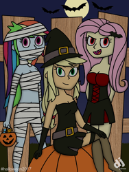 Size: 1200x1600 | Tagged: safe, artist:djgames, character:applejack, character:fluttershy, character:rainbow dash, my little pony:equestria girls, full moon, halloween, holiday, moon, mummy, vampire, witch