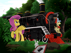 Size: 2048x1536 | Tagged: safe, artist:qzygugu, character:angel bunny, character:fluttershy, character:steamer, species:pegasus, species:pony, female, forest, looking back, male, mare, raised hoof, sign, smiling, stallion, train, tree
