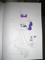 Size: 3000x4000 | Tagged: safe, artist:beetrue, character:opalescence, character:rarity, species:pony, animal costume, cat costume, clothing, costume, high res, sitting, traditional art