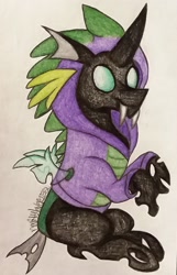 Size: 1196x1855 | Tagged: safe, artist:raritylover152, character:thorax, species:changeling, clothing, costume, fangs, hoodie, male, solo, spike hoodie, traditional art