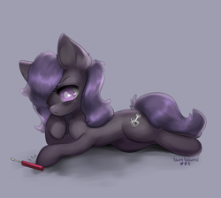 Size: 3900x3499 | Tagged: safe, artist:tawni-tailwind, oc, oc only, oc:shani, species:earth pony, species:pony, blind, cutie mark, female, flat background, grumpy, hair covering face, lockpick, lying down, mare, solo