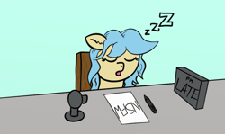Size: 1107x661 | Tagged: safe, artist:leapingriver, artist:numbersinc, oc, oc only, oc:leapingriver, species:pony, chair, ear fluff, female, green background, mare, open mouth, simple background, sleeping, solo, streaming, table, zzz