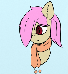 Size: 708x766 | Tagged: safe, artist:leapingriver, oc, oc only, oc:sugar loaf, species:earth pony, species:pony, bangs, blue background, bust, clothing, colored pupils, covering eyes, ear fluff, female, hair over one eye, portrait, scarf, simple background, smiling, solo