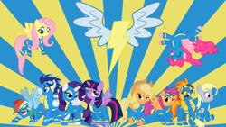 Size: 1920x1080 | Tagged: safe, artist:neodarkwing, edit, character:applejack, character:derpy hooves, character:fluttershy, character:pinkie pie, character:rainbow dash, character:rarity, character:scootaloo, character:soarin', character:spitfire, character:twilight sparkle, character:twilight sparkle (alicorn), species:alicorn, species:pegasus, species:pony, abstract background, alicornified, clothing, flapplejack, mane six, pegasus pinkie pie, race swap, raricorn, scootaloo can fly, sunburst background, uniform, wallpaper, wallpaper edit, wonderbolt scootaloo, wonderbolts uniform
