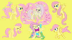 Size: 1920x1080 | Tagged: safe, artist:neodarkwing, edit, character:fluttershy, clothing, cutie mark, discorded, dress, female, filly, filly fluttershy, flutterrage, flutteryay, gala dress, multeity, so much flutter, solo, wallpaper, wallpaper edit, younger