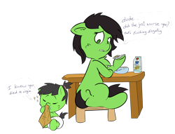 Size: 1585x1212 | Tagged: safe, artist:lazynore, oc, oc only, oc:filly anon, species:pony, 4chan, baby, baby pony, breakfast, breast milk, cereal, cheek fluff, chest fluff, dialogue, diaper, drool, female, filly, food, hair tie, hoof hold, implied breastfeeding, looking back, milk, milk carton, simple background, sitting, smiling, sparkles, spoon, stool, table, tail between legs, transparent background, underhoof, vulgar, wiping