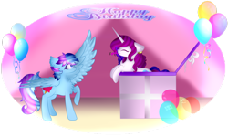 Size: 1024x614 | Tagged: safe, artist:anasflow, oc, oc only, oc:anasflow maggy, oc:shining blossom, species:pegasus, species:pony, species:unicorn, balloon, female, mare, party horn, present