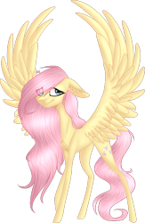 Size: 553x849 | Tagged: safe, artist:sychia, character:fluttershy, species:pegasus, species:pony, chest fluff, ear fluff, eye clipping through hair, female, floppy ears, looking at you, mare, simple background, smiling, solo, spread wings, standing, three quarter view, transparent background, wings