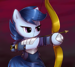 Size: 1003x900 | Tagged: safe, artist:nika191319, character:archer, species:pony, archer, archer (character), arrow, bow (weapon), bow and arrow, clothing, female, filly, scootablue, solo, weapon