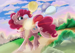 Size: 3444x2435 | Tagged: safe, artist:alexbluebird, character:pinkie pie, species:pony, balloon, female, high res, solo, sun, unshorn fetlocks