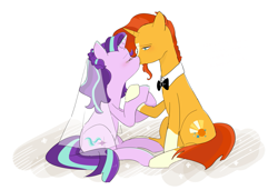Size: 1199x821 | Tagged: dead source, safe, artist:gyunyu, character:starlight glimmer, character:sunburst, species:pony, species:unicorn, ship:starburst, crying, female, kissing, male, marriage, shipping, straight, wedding, wedding veil