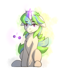 Size: 654x805 | Tagged: source needed, useless source url, safe, artist:n_thing, oc, oc only, oc:crescent, species:pony, species:unicorn, chest fluff, cute, female, floppy ears, full body, levitation, looking at you, magic, mare, sitting, smiling, solo, telekinesis