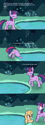 Size: 650x1800 | Tagged: safe, artist:rodolfomushi, character:twilight sparkle, character:twilight sparkle (unicorn), oc, oc:taralicious, species:pony, species:unicorn, cave, cave pool, comic, do not want, excited, exclamation point, interrobang, jumping, mirror pool, misspelling, ponified, question mark, raised hoof, surprised, tara strong, wide eyes