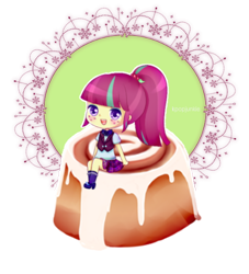 Size: 520x573 | Tagged: safe, artist:electricshine, character:sour sweet, species:human, my little pony:equestria girls, cinnamon bun, cute, female, food, looking at you, simple background, smiling, solo, sourbetes, transparent background