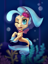 Size: 1024x1365 | Tagged: dead source, safe, artist:freckleplant, character:princess skystar, species:seapony (g4), g4, my little pony: the movie (2017), angler seapony, bioluminescent, chibi, female, freckles, glow, looking at you, one eye closed, open mouth, solo, wink