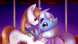 Size: 1600x900 | Tagged: safe, artist:nika191319, character:prince blueblood, character:trixie, species:pony, species:unicorn, ship:bluetrix, bow tie, clothing, crack shipping, dress, female, looking at each other, male, mare, shipping, stallion, straight