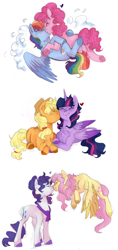 Size: 1024x2176 | Tagged: safe, artist:soft-arthropod, character:applejack, character:fluttershy, character:pinkie pie, character:rainbow dash, character:rarity, character:twilight sparkle, character:twilight sparkle (alicorn), species:alicorn, species:earth pony, species:pegasus, species:pony, species:unicorn, ship:pinkiedash, ship:rarishy, ship:twijack, alternate hairstyle, chest fluff, ear fluff, eyes closed, female, flying, heart, hug, kiss on the cheek, kissing, leonine tail, lesbian, lying down, mane six, mare, nuzzling, shipping, simple background, smiling, white background