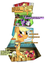 Size: 786x1016 | Tagged: safe, artist:sneshneeorfa, character:apple bloom, character:applejack, character:big mcintosh, character:granny smith, character:rarity, character:spike, character:twilight sparkle, species:dragon, species:pony, episode:applejack's day off, balancing, chicken dance, comic, food, implied applejack's parents, pie, ponies balancing stuff on their nose, silly, silly pony, simple background, transparent background, wat, who's a silly pony